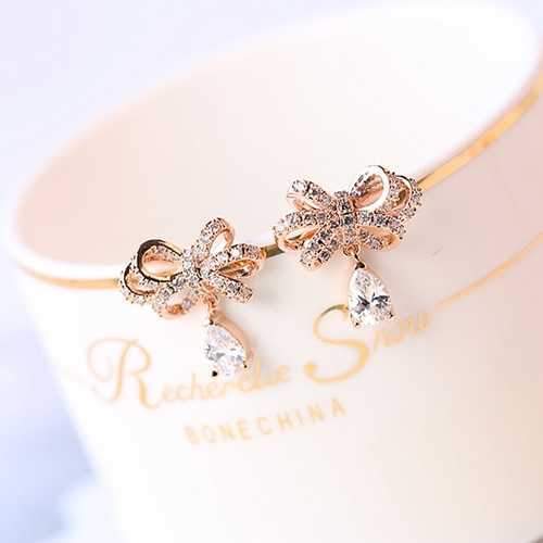 Sweet Bowknot Water Drop Zircon Ear Stud Earrings For Women