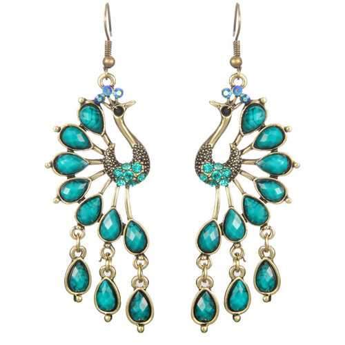 Vintage Peacock Crystal Rhinestone Tassel Earrings Jewelry