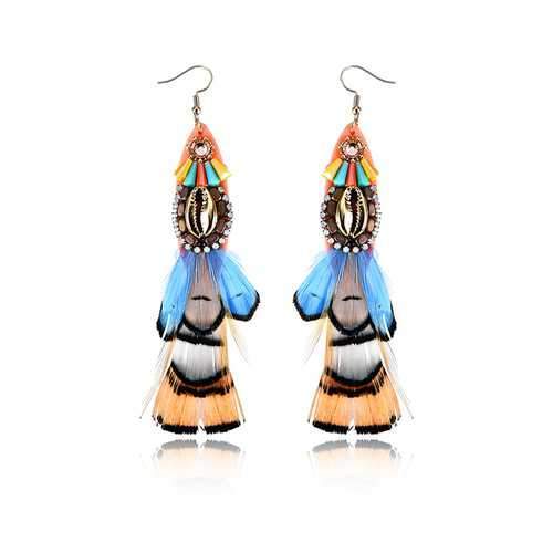 Bohemian 14K Gold Plated Retro Ethnic Feather Pendant Shell Shiny Zircon Earrings for Women