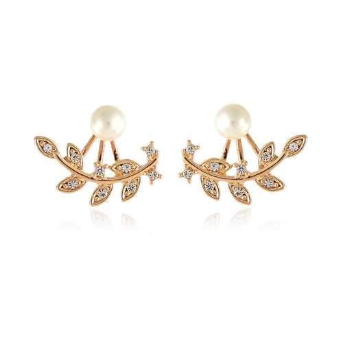 Trendy Women Rhinestone Leaf Pearl Silver Rose Gold Earrings