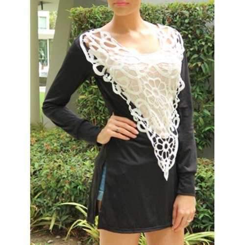 Stylish Scoop Neck Long Sleeve Side Slit Hollow Out Women's T-Shirt - Black Xl