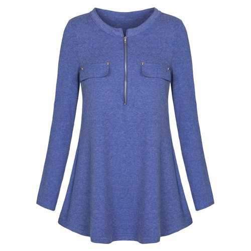 Long Sleeve Zipper Tunic T-shirt - Blue Xl