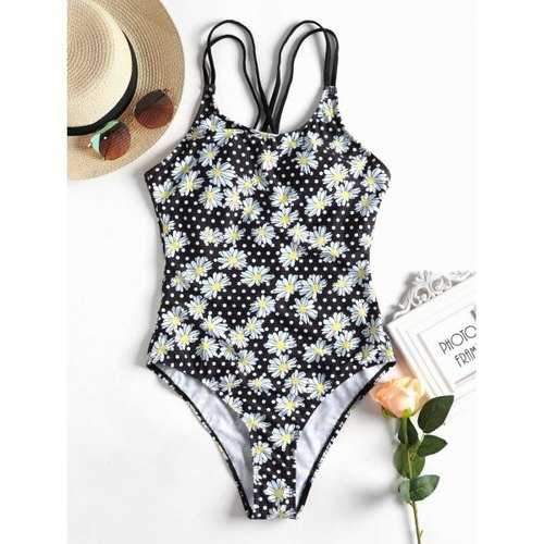Floral Cross Back One-piece Swimsuit - Black S