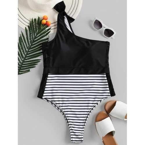 Lace Insert High Leg Swimsuit - Black 2xl