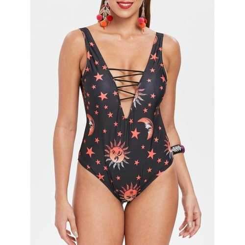 Sun Star Print One-piece Swimsuit - Black M