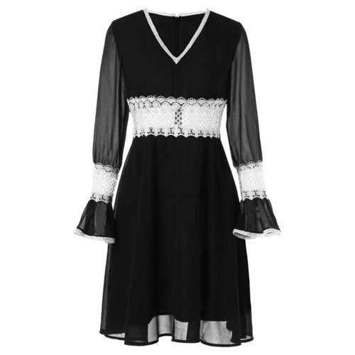 Contrast Lace Insert Chiffon Dress - Black M