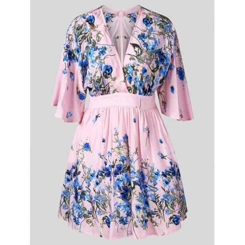Floral Print Cut Out Faux Wrap Dress - Pig Pink Xl