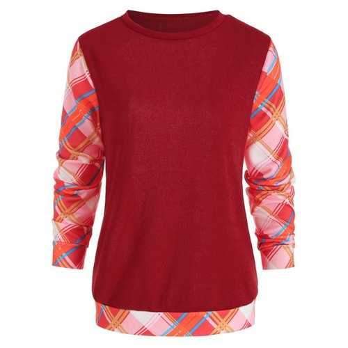 Long Sleeve Checked Panel Top - Red S