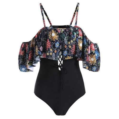 Flower Lace Up Open Shoulder Swimsuit - Black M