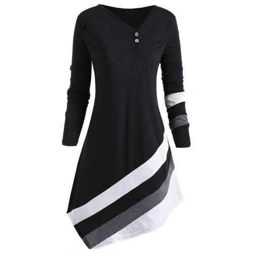 Skew Collar Striped Long Sleeve Asymmetrical Top - Black S