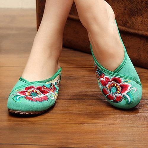Floral Embroidery National Wind Open Heel Color Match Slip On Flat Shoes