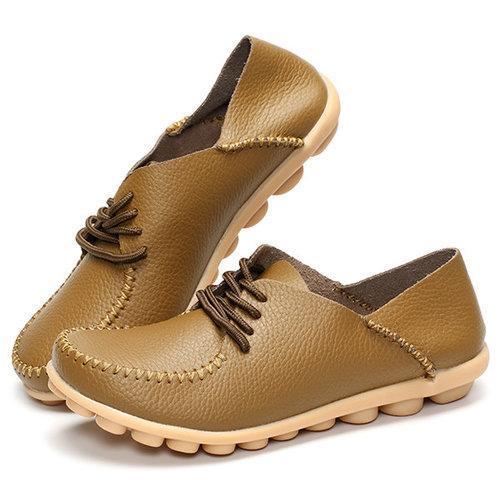 Soft Sole Pure Color Leather Lace Up Casual Flat Loafers