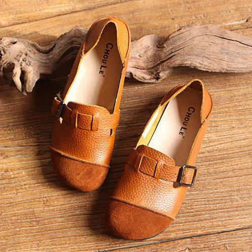 SOCOFY Buckle Multi-Way Color Blocking Soft Leather Flat Loafers