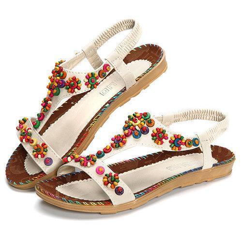 Bohemia Beads Flower Slip On Elastic Bands Flat Sandals