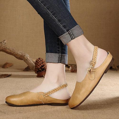 Socofy Pure Color Leather Knitting Elastic Band Soft Slingback Loafers