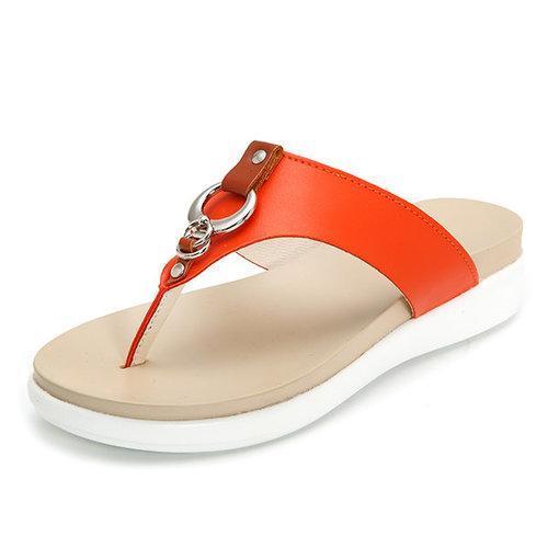 Big Size Metal Clip Toe Leather Flat Casual Beach Slippers