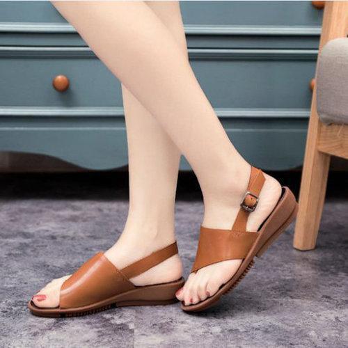 Genuine Leather Clip Toe Wedge Slingback Flat Sandals