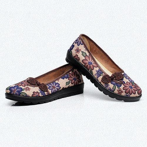 Cotton Fabric Flowers Round Toe Slip On Soft Flat Shoes