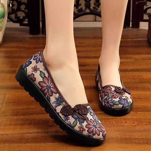 Cotton Fabric Flowers Round Toe Slip On Soft Flat Shoes