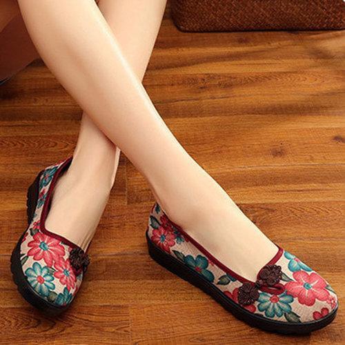 Cotton Fabric Flowers Round Toe Slip On Soft Flat Shoes