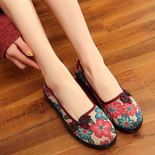 Cotton Fabric Flowers Round Toe Slip On Soft Flat Shoes