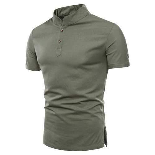 Linen Stand Collar Solid Color Casual T Shirts