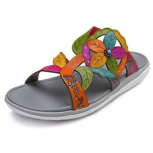 SOCOFY Casual Slip On Soft Flat Leather Sandals
