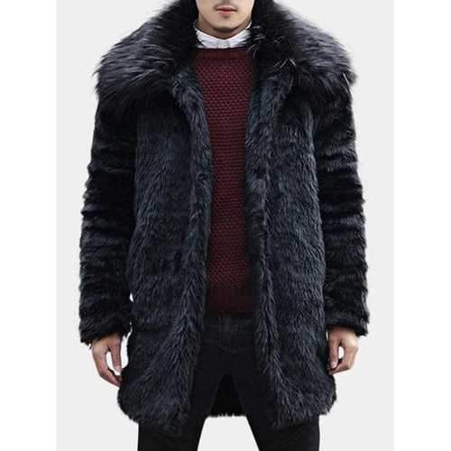 Men Faux Fur Mid Long Black Jacket Shearling Coat