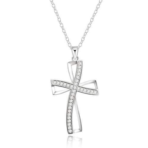 925 Sterling Silver Plated Women Cross Necklace Crystal Chain Jewelry