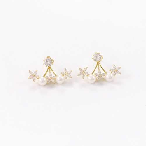 925 Silver Needle Pearl Flower Cubic Zircon Crystal Ear Stud Earrings