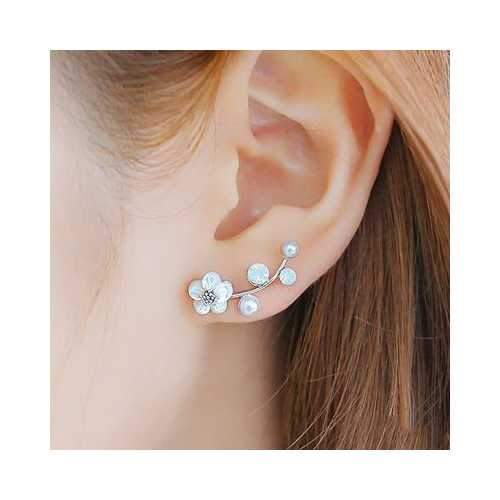 925 Silver Needle Shell Flower Crystal Rhinestone Ear Stud Earrings