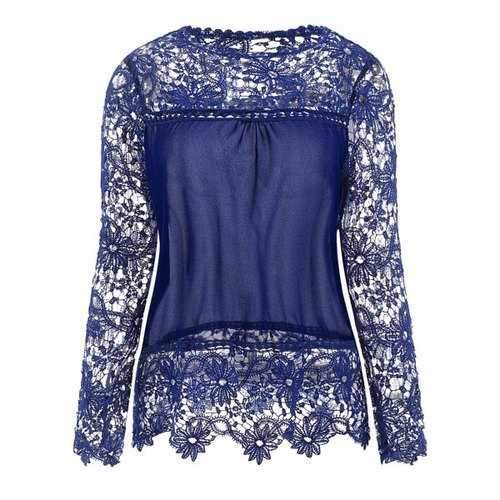 Stylish Round Neck Long Sleeve Spliced Hollow Out Women's Blouse - Sapphire Blue L