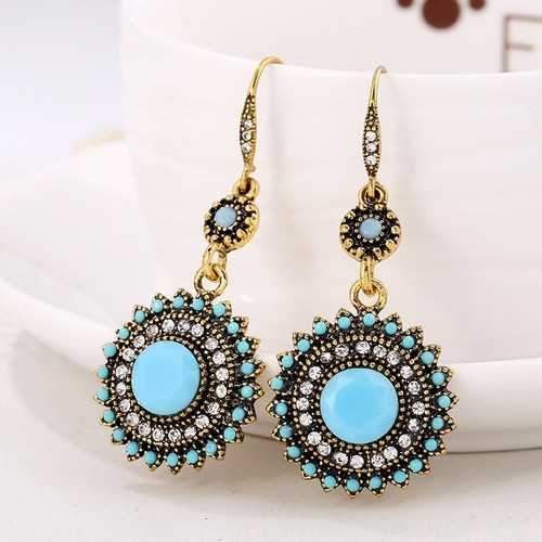 Bohemian Retro Ear Drop Pendant Turquoise Rhinestone Earrings Gift for Women