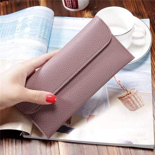 Women Litchi Pattern Solid Color Card Slot Wallet Bag Purse Handbag For Smartphone iPhone Samsung