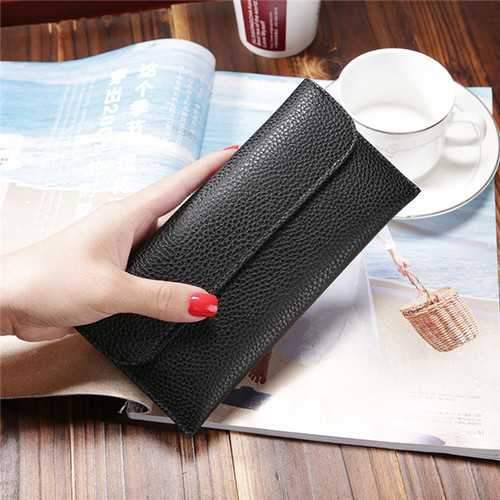 Women Litchi Pattern Solid Color Card Slot Wallet Bag Purse Handbag For Smartphone iPhone Samsung