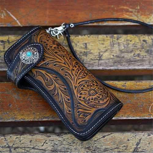 Men Vintage Yellow Biker Punk Genuine Leather Button Wallet Case Phone Bag Card Holder with Chain