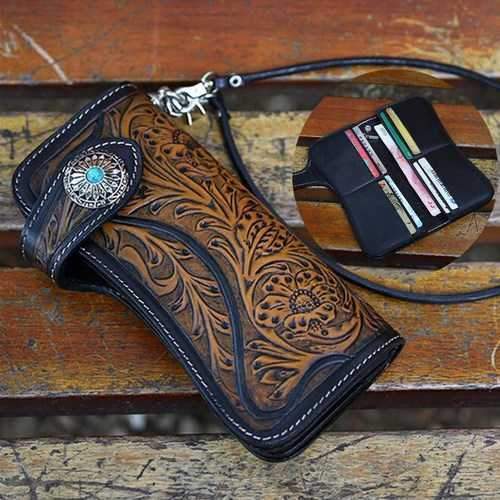 Men Vintage Yellow Biker Punk Genuine Leather Button Wallet Case Phone Bag Card Holder with Chain