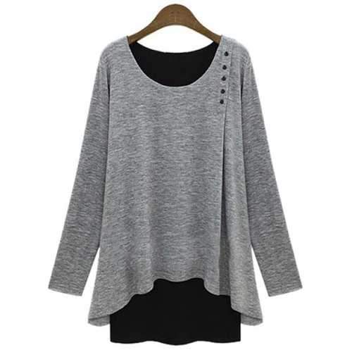 Stylish Scoop Neck Faux Twinset Design Long Sleeve T-Shirt For Women - Light Gray L