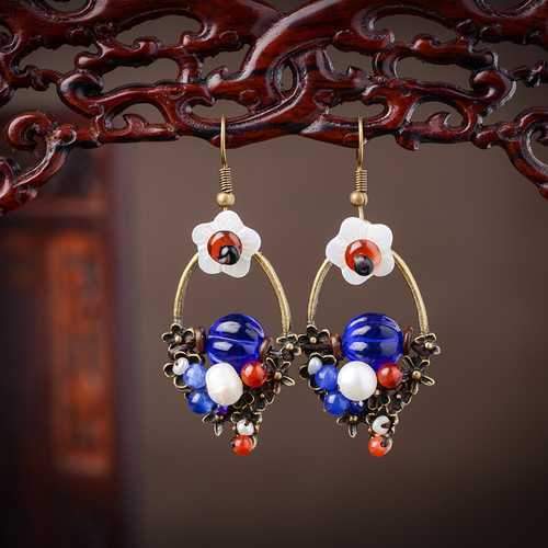 Ethnic Bead Earrings Tassel Flower Agate Ear Drop Jewelry for Women