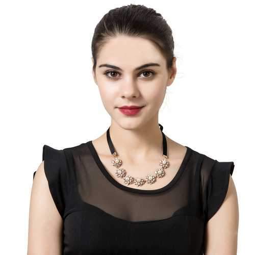 Pearl Rhinestone Flower Pendant Black Lace Long Necklace Elegant for Women Clothing Accessories