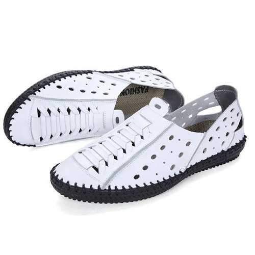 Men Genuine Leather Breathable Hollow out Beach Sandals Flats