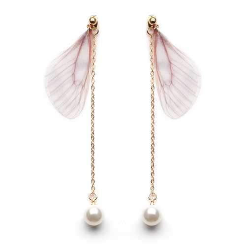 Sweet Chiffon Wings Asymmetric Artificial Pearl Women Earrings