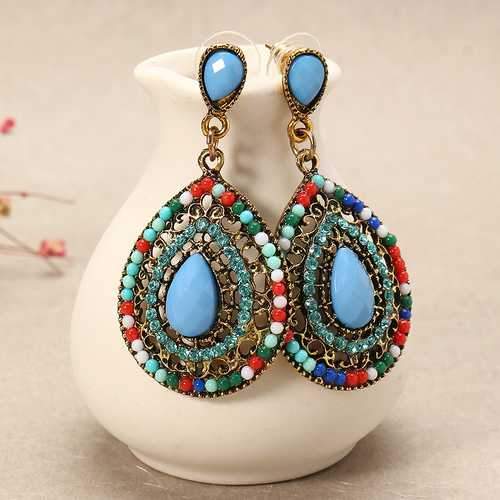 Bohemian Rhinestone Water Drop Pendant Ear Stud Piercing Earrings Clothing Accessories for Women