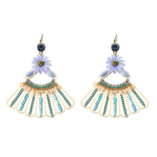 Bohemian 14K Gold Plated Peacock Tail Shape Flower Ear Drop Elegant Blue Opal Earrings for Women