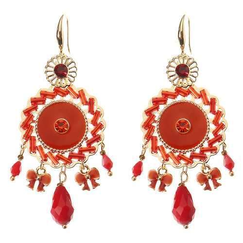 Bohemian Retro 14K Gold Plated Earrings Ethnic Sun Shape Bowknot Red Zircon Ear Drop for Women