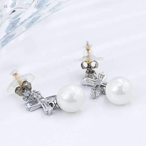 Elegant Women Piercing Earrings Artificial Pearl Shiny Zircon Cross Flower Pendant Ear Stud Gift