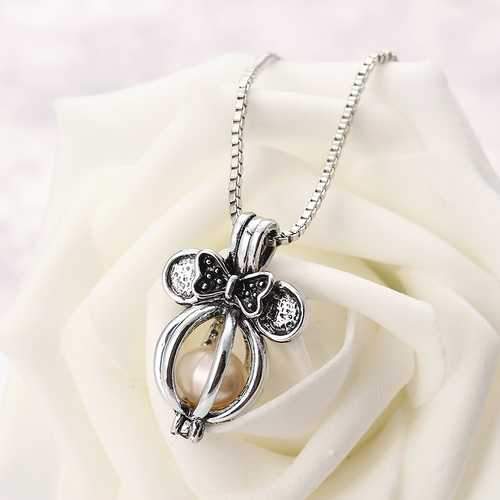 Retro Pearl Necklace Cute Bowknot Butterfly Charm Openable Hollow Ball Pendant Chain Women Jewelry