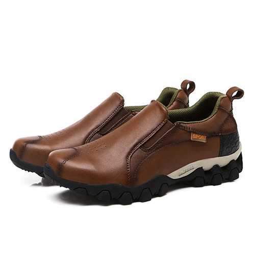 Men Genuine Leather Wear Resistant Outsole Elastic Band Slip On Sneakers