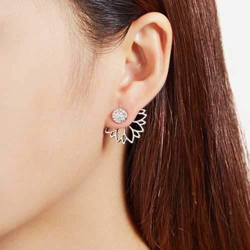 Trendy Rhinestone Earrings Hollow Lotus Double Side Ear Stud