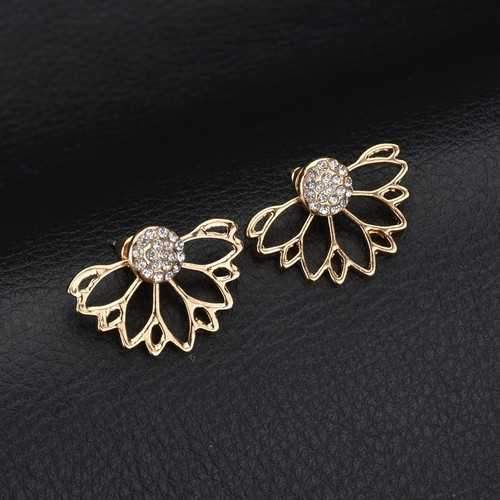 Trendy Rhinestone Earrings Hollow Lotus Double Side Ear Stud